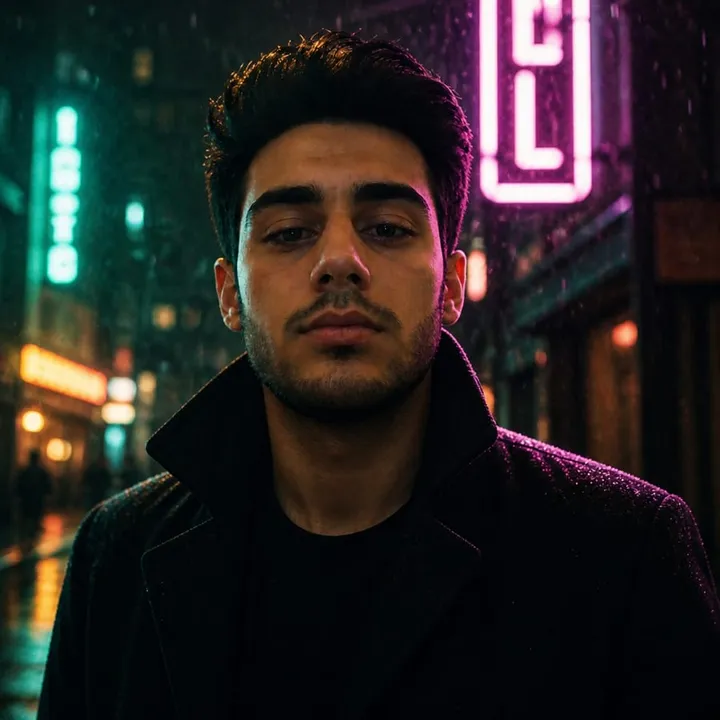 تبدیل عکس پروفایل به نمای سینمایی شب بارانی با نور نئون