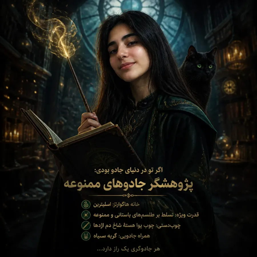 تبدیل عکس سلفی به پوستر شخصیت جادویی سبک هاگوارتز با متن فارسی، ساخته‌شده با هوش مصنوعی پنسار