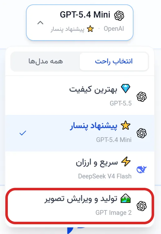منوی انتخاب مدل در پنسار؛ گزینه تولید و ویرایش تصویر (GPT Image 2) مشخص شده